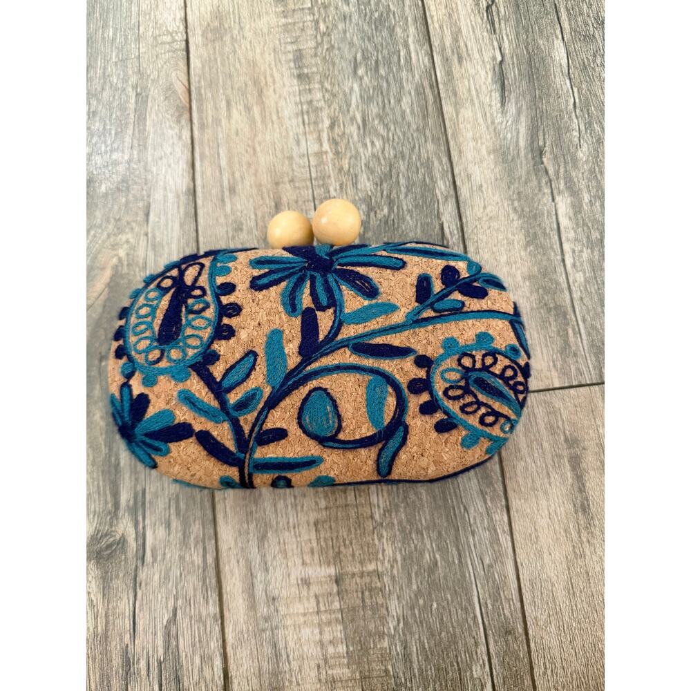 Vintage Cork Clutch Bag Tan Blue Floral Embroidered Kiss Lock Chain Strap - Picture 7 of 8